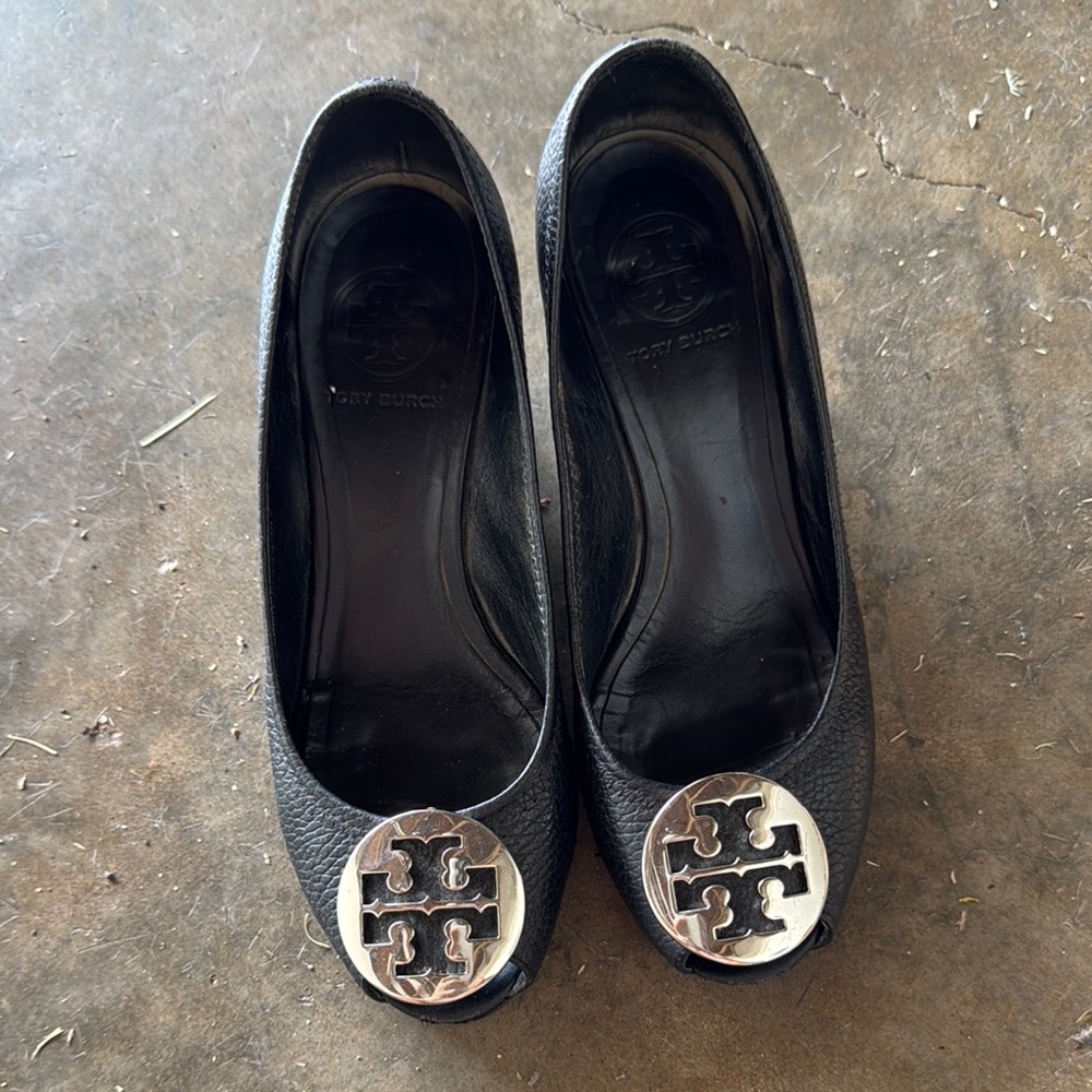 Tory Burch Black Wedges with Silver Logo